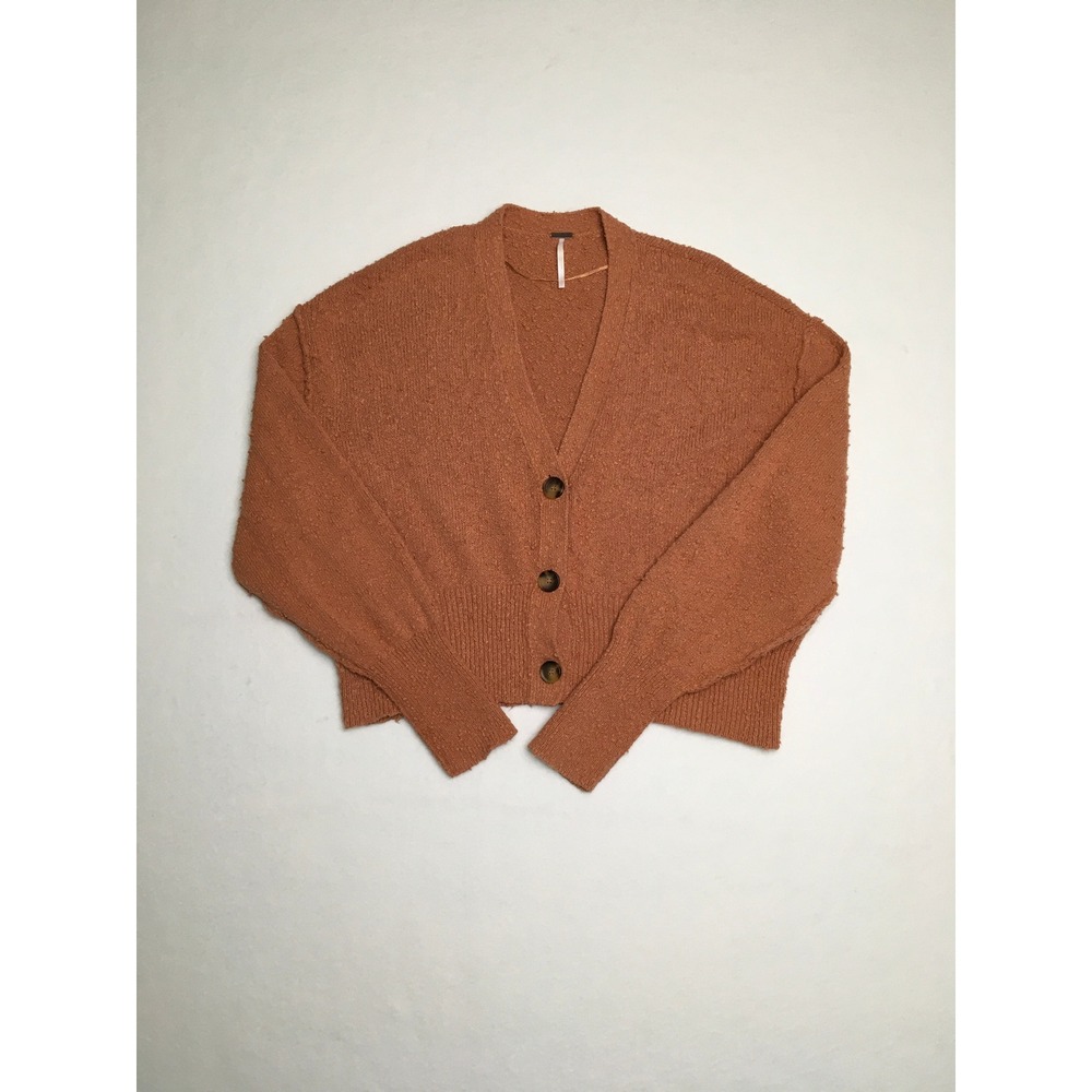 Free People Found My Friend Women Rust Orange Cropped V-Neck Knit Cardigan XS